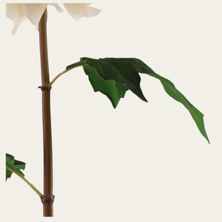 Detailed view of the Cashmere Cream True Bloom Dahlia stem featuring flexible wired construction and realistic faux foliage designed for shaping, arranging, and pairing with greenery, filler stems, roses, peonies, and seasonal florals throughout the year.