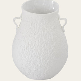 Close-up of the White Double Handle Vase showing the textured matte white exterior, glossy interior, double side handles, and rounded ceramic shape for year-round faux floral styling.