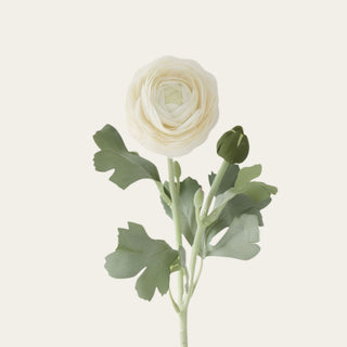 Cream True Bloom real Touch ranunculus stem with green leaves on a light beige background
