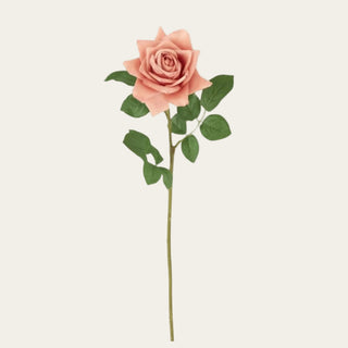 Single coral True Bloom real touch duchess rose stem with soft ruffled petals, faux green leaves, and a wired stem