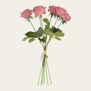 17-inch Coral True Bloom Real Touch Rose 6 Stem Bundle with warm coral blooms, realistic foliage, and flexible wired stems for romantic floral arrangements that pair beautifully with blush florals, peach tones, greenery, and fresh seasonal styling throughout spring, summer, and early fall.