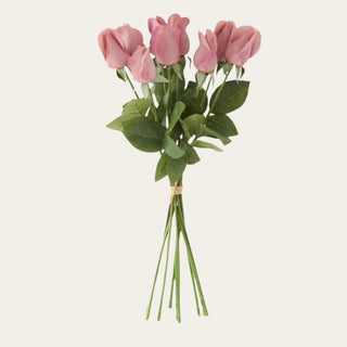 17.5-inch Coral True Bloom Real Touch Rose 9 Stem Bud Bundle with soft coral rose buds, realistic foliage, and flexible wired stems for romantic floral arrangements that pair beautifully with blush florals, peonies, greenery, and warm seasonal palettes throughout spring, summer, and early fall.