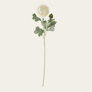 Single 19.5-inch cream True Bloom Real Touch ranunculus stem with one open bloom, one bud, layered petals, faux foliage, and a flexible wired stem for year-round floral arrangements because the warm neutral tone pairs easily with spring pastels, summer greenery, fall accents, and winter florals.