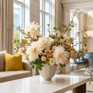 Cream real touch dahlia stems styled in a vase with soft yellow roses, white florals, airy greenery, and warm seasonal branches in a bright living room arrangement for spring, summer, fall, winter, and holiday styling.