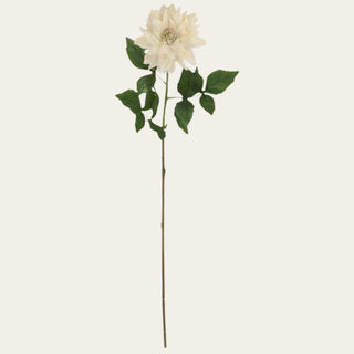 Cream Real Touch Dahlia Stem shown in full view with layered cream petals, traditional faux green leaves, and a wired shapeable stem for everyday, narrow-neck, standard, wide-mouth, and statement vase arrangements.