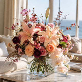 cream an blush 22 inch faux lily stem styled in a floral arrangement with orchids, ranunculus, roses and cosmos all in a square clear glass vase on a marble coffee table in a luxury home