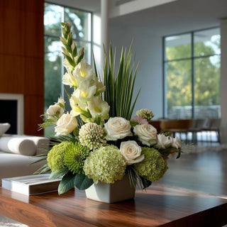 Cream and Green Real Touch Sedum stems styled with white roses, green hydrangeas, white gladiolus, and architectural greenery in a modern floral centerpiece, showcasing how sedum adds texture, fullness, layered color, and natural movement to contemporary floral arrangements throughout every season.