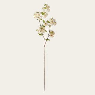 Single 23.5-inch creamy white True Bloom real touch blossom stem with warm white blooms, green leaves, and a flexible green stem styled on a creamy background