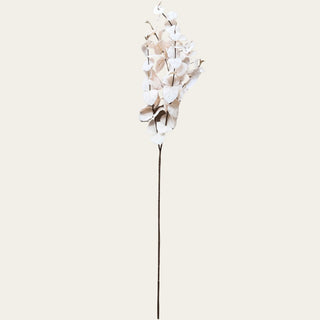 Full 35-inch Creamy Blush artificial eucalyptus stem for year-round and holiday arrangements, pairing with plum roses, cream stock and brown berries in narrow-neck, everyday, wide-mouth or statement vases.