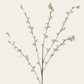 Close-up of a 45 inch creamy white hoary willow spray stem with delicate ivory blossoms, subtle green buds, and airy brown branching, designed for realistic faux floral arrangements, tall statement vases, spring-inspired home styling, and soft neutral floral decor.