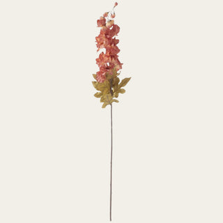 Single 37-inch dark peach faux delphinium stem with layered warm blooms, muted golden foliage, and structured wired stem for late summer and fall floral arrangements with airy vertical styling.