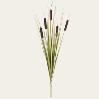 Dark brown faux traditional five-head cocktail stem with tall grassy blades and reed-like texture, ideal for spring, summer, and fall arrangements in petite, narrow neck, everyday, standard, or statement vases; pairs beautifully with yellow eucalyptus, green leaf branch, white bougainvillea, light peach and linen blossom branches, and cream and green sedum.