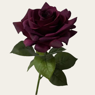 Full 25-inch Deep Plum Real Touch Duchess Rose stem with layered plum petals and a flexible wired stem for year-round arrangements with cream stock, gilded fern, warm foliage, and branching stems in narrow-neck, everyday, standard-opening, wide-mouth, and statement vases.