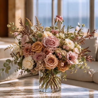 Luxury late summer and fall floral arrangement featuring dusty pink garden roses, café au lait dahlias, ivory roses, eucalyptus, and seasonal foliage in a clear glass vase on a marble coffee table.
