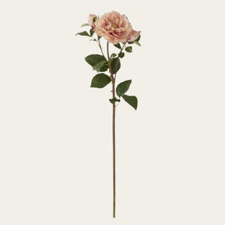 Dusty Pink True Bloom Real Touch Distant Drum rose stem shown in full view with peach-pink petals, realistic leaves, and a wired shapeable stem for spring, summer, and fall arrangements.