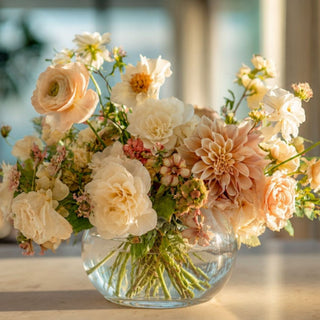 Elegant faux floral centerpiece featuring peach dahlias, cream roses, ranunculus, and blush accent flowers styled in a modern glass vase by True Bloom Floral™