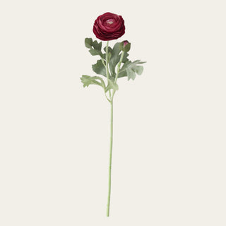 Fuchsia True Bloom Real Touch Bud and Bloom Ranunculus Stem with layered petals and decorative bud; pairs beautifully with peach dahlias, pale yellow roses, white cosmos, and airy greenery because the vibrant bloom color creates contrast, depth, and visual movement throughout seasonal arrangements.
