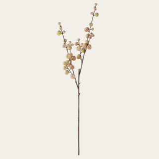 Single 28-inch blush faux crabapple stem with muted pink, soft green, and warm neutral berry-style clusters on a slender brown branch