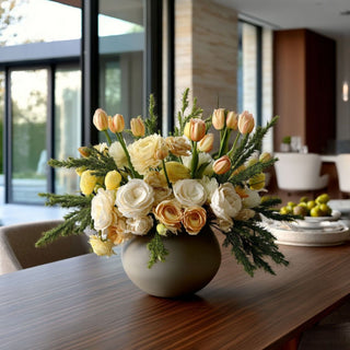 Faux dill spray styled with apricot tulips, ivory roses, butter-yellow ranunculus, and airy greenery in a rounded ceramic vase for a refined spring floral arrangement.