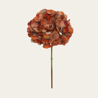 19 inch artificial faux dried antique brown hydrangea stem with realistic weathered petals, ideal for fall floral arrangements, home decor, and designer styling.