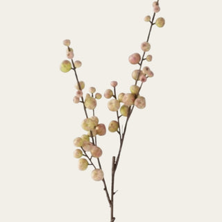 Zoomed in voew of Single 28-inch blush faux crabapple stem with muted pink, soft green, and warm neutral berry-style clusters on a slender brown branch