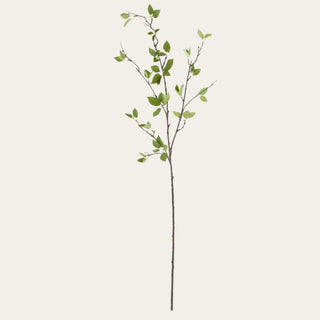 46 inch green leaf branch faux greenery stem shown in full view, used to add height, structure, and natural movement to arrangements with peonies, hydrangeas, dahlias, tulips, and snowball stems for spring, summer, and fall styling.