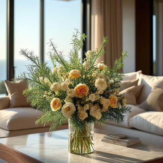 Fern leaf stems styled in an arrangement in a vase on a marble table in a luxury modern home