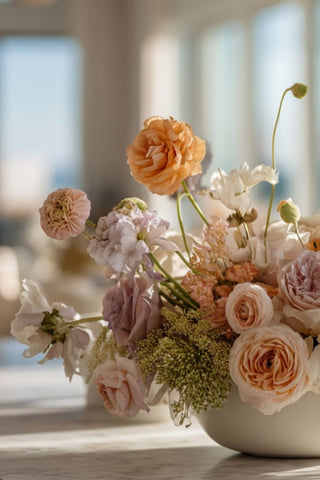 arrangement of flowers for true bloom floral in a white vase on a windowsill with a blurred background 