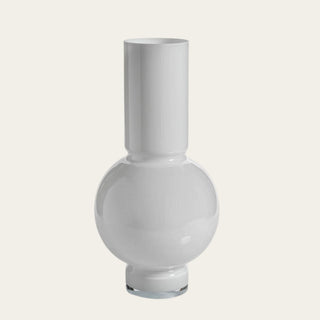 Glossy White Monceau Glass Vase with rounded base and tall cylindrical neck, designed for styling faux tulips, hydrangeas, peonies, roses, greenery, and tall blossoming branches.
