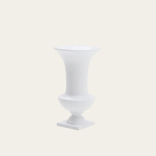 Glossy white 12 inch resin floral urn with square base and long cylindrical base.