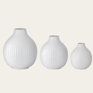Set of Glossy White Woven Ceramic Vases shown in small, medium, and large sizes with textured glossy white finish, designed for petite stems, everyday faux floral arrangements, greenery, and all-season vase styling                                                        