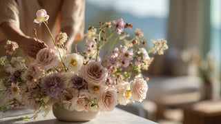 Woman styling large softly colored floral arrangement in a vase on a table with a blurred background