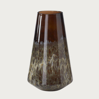 Large 14-inch handcrafted blown glass vase in rich brown with cream and smoky marbled detailing