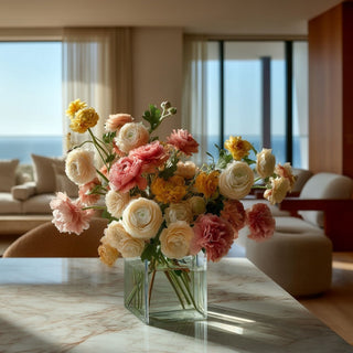 Summer/Spring Inspired Arrangement of flowers with the cream true bloom real touch ranunculus stem in a clear vase on a marble table with a modern living room background