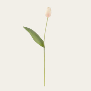 Single 26.75-inch light peach True Bloom real touch tulip stem with softly closed peach bloom, long green silk leaf, and green faux stem