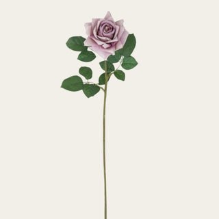 Light purple True Bloom real touch duchess rose stem with soft layered petals, faux green leaves, and a wired stem shown for refined faux floral arrangements for spring, summer, fall, and winter. 
