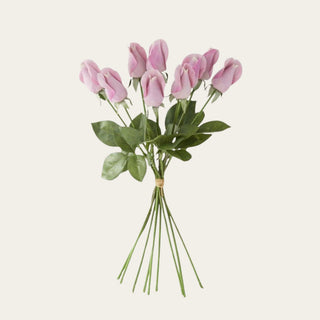 17.5-inch Light Purple True Bloom Real Touch Rose 9 Stem Bud Bundle featuring realistic lavender rosebuds and flexible stems that pair beautifully with bougainvillea, chamelaucium, protea, greenery, and seasonal florals for spring, summer, fall, winter, and holiday arrangements.
