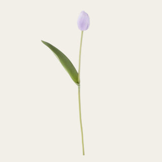 Single 26.75-inch light purple True Bloom real touch tulip stem with softly closed lavender bloom, long green silk leaf, and green faux stem