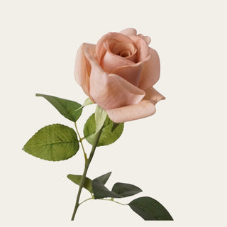 Full 21.5-inch Light Mocha Real Touch Rose stem with layered mocha petals and flexible wired stem, suited to year-round arrangements with cream stock, plum foliage, brown berries, and gilded stems in narrow-neck, everyday, standard, wide-mouth, or statement vases.