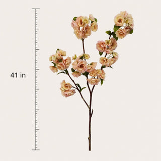 Light peach and cream blossom branch shown on a neutral background with a 41 inch measurement scale, highlighting the full height, branching shape, soft layered blooms, and green leaf accents for product sizing and styling reference.