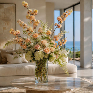 Light peach and linen True Bloom Real Touch blossom branches arranged with hydrangeas, roses, greenery, and airy white florals in a glass vase on a coffee table for a spring, summer, or fall living room arrangement.