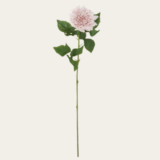 Light Pink Real Touch Dahlia Stem shown in full view with layered pink petals, traditional faux green leaves, and a wired shapeable stem for everyday, narrow-neck, standard, wide-mouth, and statement vase arrangements.
