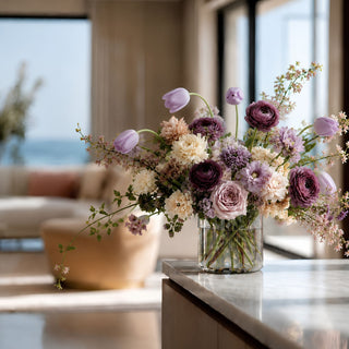 Light Purple True Bloom Real Touch Tulip Stem in 26.75 inches styled in a beautiful purple themed floral arrangement in a luxury home with coastal views 