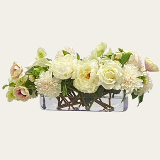 25 inch Cafe Au Lait True Bloom Real Touch floral arrangement featuring ivory peonies, cream garden roses, blush anemones, sculptural dahlias, hellebores, and greenery arranged in a premium rectangular glass vase with permanent acrylic water. Luxury ready-made floral centerpiece for dining tables, kitchen islands, entry consoles, and sophisticated year-round home décor.