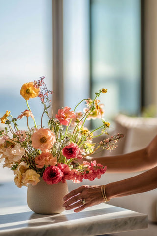 Hand arranging a colorful bouquet of flowers with a blurred outdoor background