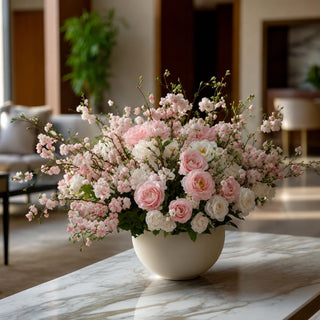 Light pink real touch buttercup stems styled in a round glass vase with blush florals and airy branches on a coffee table in a modern living room