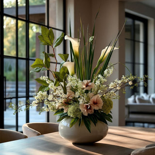 25-inch faux green salal leaf stem styled with white calla lilies, flowering branches, and textural florals in a contemporary arrangement, demonstrating how salal greenery adds fullness, movement, balance, and natural structure to elegant year-round floral designs.