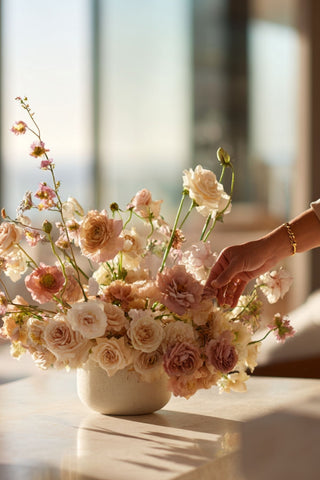 Woman with a beautiful floral arrangement styled in a vase on a table  with a blurred background