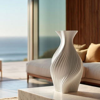 Decorative medium narrow neck vase on a table with a modern interior setting and ocean view in the background
