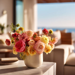 Bouquet of colorful flowers in a white vase on a table with a blurred outdoor background